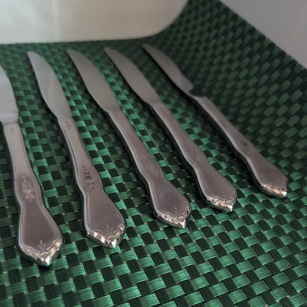 Oneida MORNING BLOSSOM Dinner Knives Set Lot of 5 Stainless Burnished Floral USA